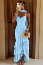 Cocoslly Spaghetti Straps Sleeveless High Waist Long Prom Dress With Ruffles And Sequins | Sage Chiffon LR0491