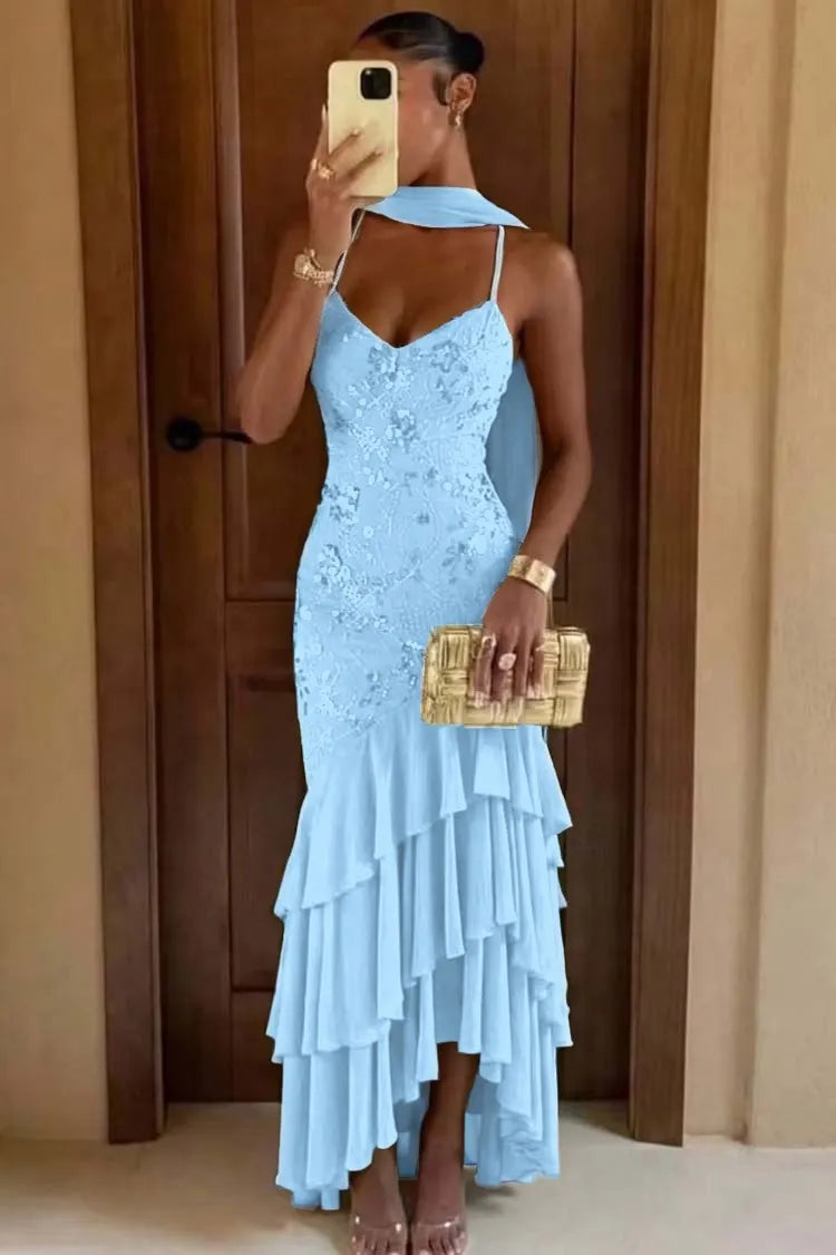 Cocoslly Spaghetti Straps Sleeveless High Waist Long Prom Dress With Ruffles And Sequins | Sage Chiffon LR0491