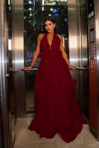 Hater V Neck Sleeveless High Waist Long Prom Dress With Pleated WQ0370