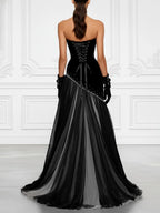 Black Hot Drilling Classic Tulle Strapless Sleeveless A-Line Gown Dress
