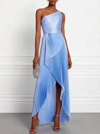 Blue Pleated Asymmetric Satin One Shoulder Sleeveless A-Line Maxi Dress