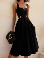 Black Buckle Notched Sleeveless A-Line Midi Dress With Pockets