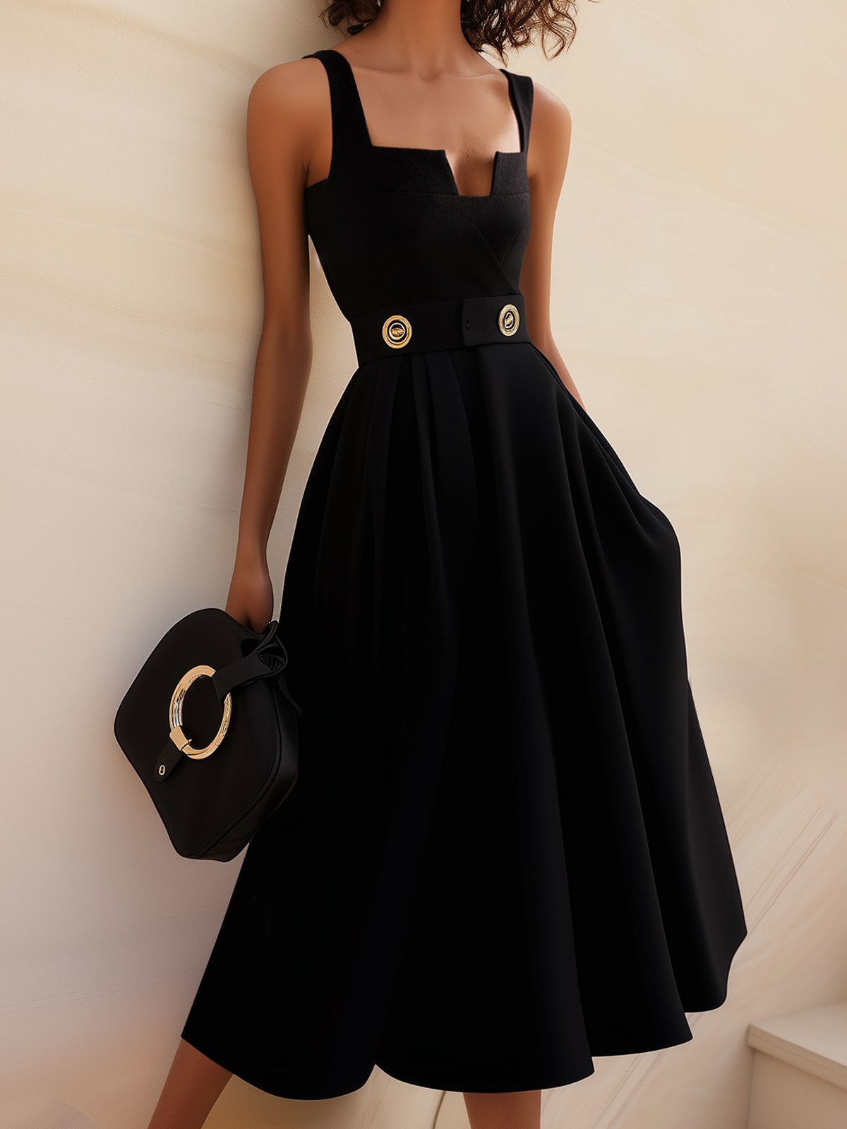 Black Buckle Notched Sleeveless A-Line Midi Dress With Pockets