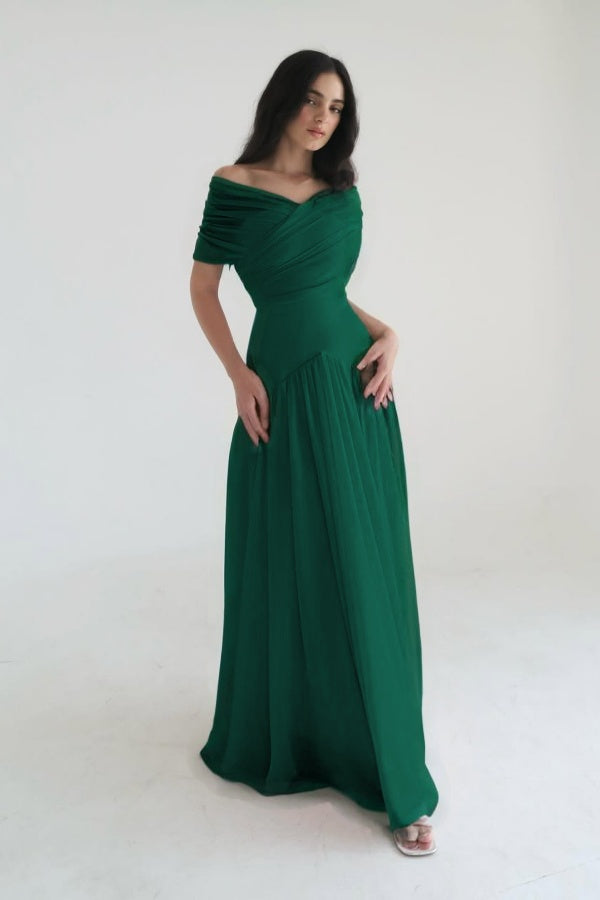Chiffon Off the Shoulder Sleeveless Long Prom Dress With Pleated WQ0385