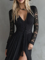 Stylish Western-style Lace-paneled Split Black Maxi Dress