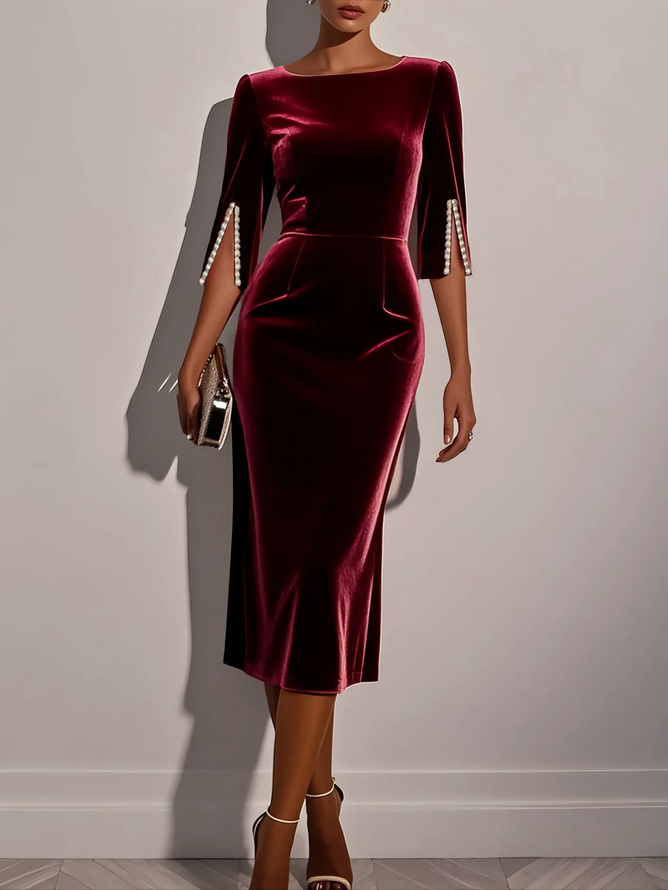 Wine Red Faux Pearl Velvet Boat Neck Half Sleeve Sheath Midi Dress