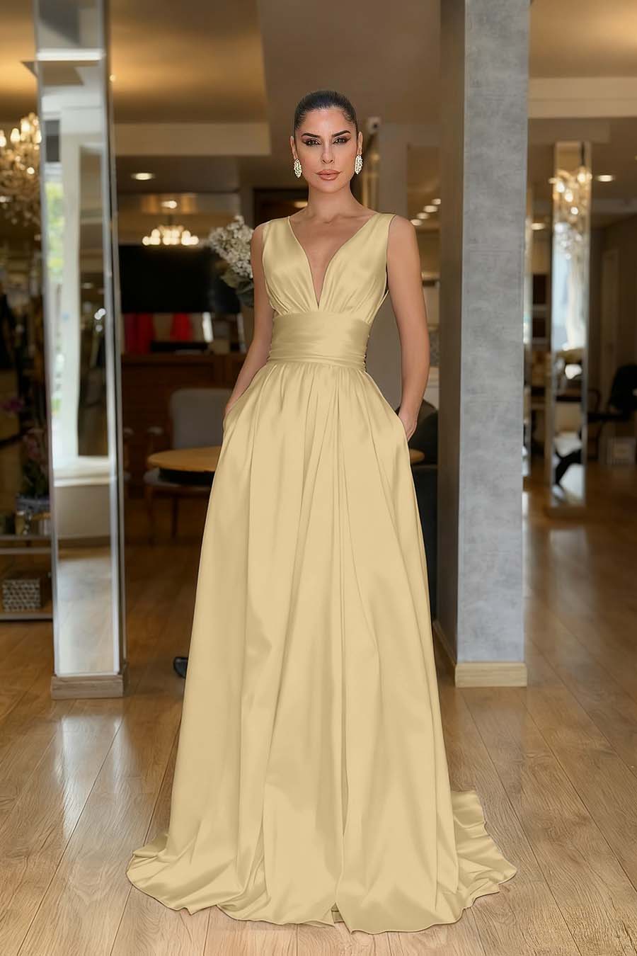 Straps Sleeveless High Waist Long Prom Dress With Pockets Pleated MS0387