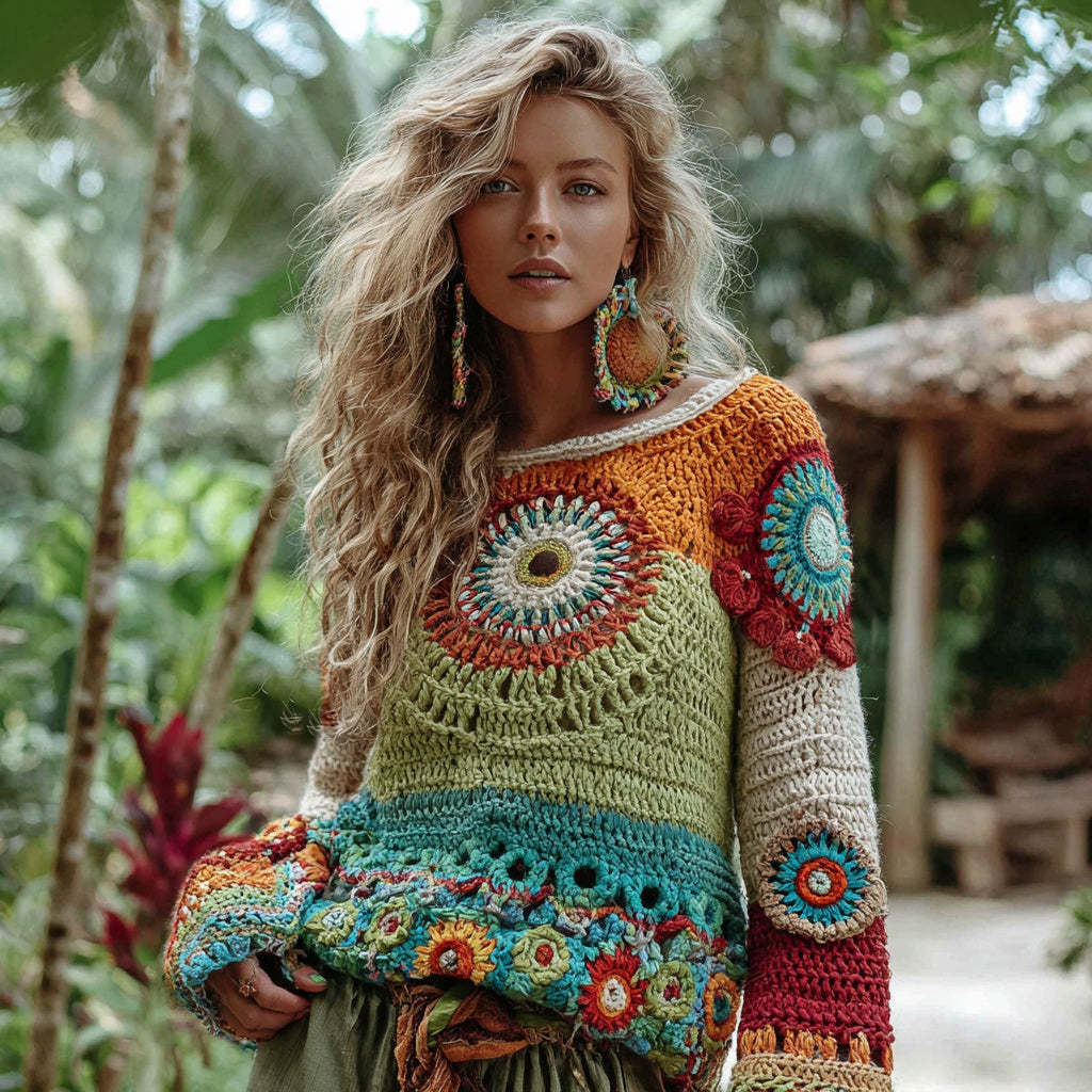 Vintage Classy Spring Rainbow Vacation Colorblock Art Cozy Knitted Sweater