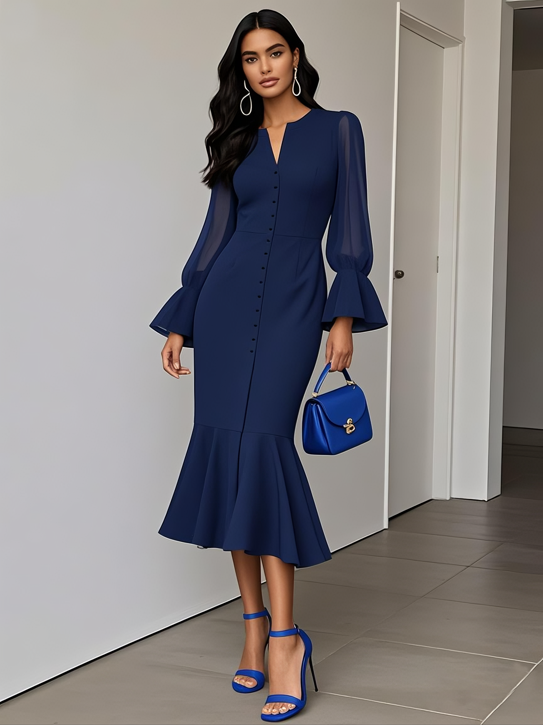 Purplish Blue Buckle Classic V Neck Long Sleeve Bell Sleeve Mermaid Midi Dress