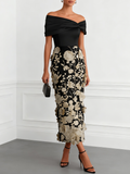 Black 3D Floral Applique Classic Off The Shoulder Short Sleeve Sheath Midi Dress