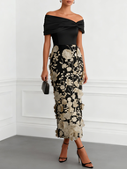 Black 3D Floral Applique Classic Off The Shoulder Short Sleeve Sheath Midi Dress