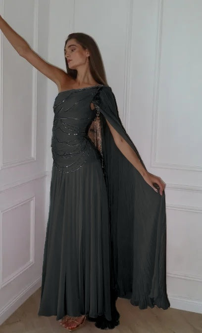 Cocoslly One Shoulder Sleeveless High Waist Long Prom Dress With Sequins | Pink Chiffon JZ0098