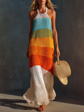 Breathable Vacation Halter-Neck Lightweight Striped Knit Maxi Dress