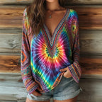 Women's Ethnic Geometric Tie-dye Print V-neck T-shirt