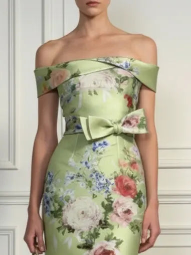Green Floral Bow Satin Off The Shoulder Short Sleeve Sheath Maxi Dress