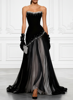 Cocoslly Strapless Sleeveless High Waist Long Prom Dress With Rhinstone | Black Satin And Chiffon CO0128