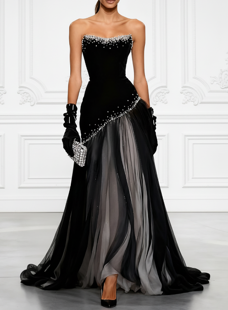 Cocoslly Strapless Sleeveless High Waist Long Prom Dress With Rhinstone | Black Satin And Chiffon CO0128