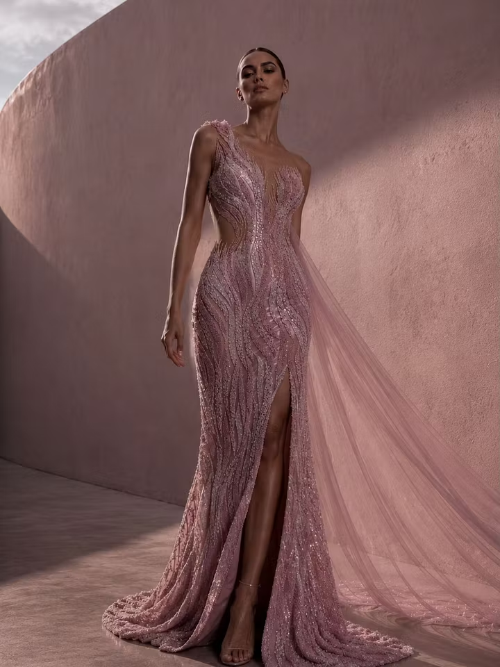 Cocoslly One Shoulder Sleeveless High Waist Long Split Prom Dress With Beading Pearls | Dusty Rose Tulle LX0088