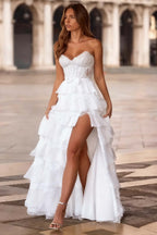 Chiffon And Lace V-Neck Strapless Sleeveless Long A-Line Prom Dress With Bow And Ruffles JQ0318