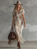 Elegant Vintage-print Off-white Faux Suede Hooded Maxi Dress