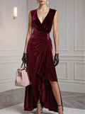 Wine Red Rhinestone Peplum Velvet V Neck Sleeveless A-Line Midi Dress