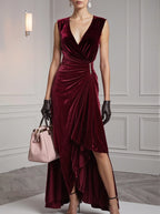 Wine Red Rhinestone Peplum Velvet V Neck Sleeveless A-Line Midi Dress
