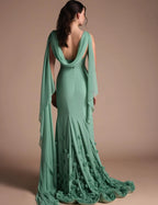Cocoslly Sleeveless High Waist Long Mermaid Prom Dress With Flowers And Scarf | Dusty Sage Chiffon CO0050
