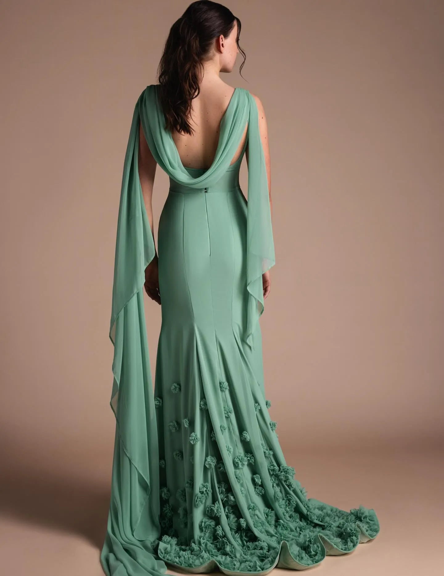 Cocoslly Sleeveless High Waist Long Mermaid Prom Dress With Flowers And Scarf | Dusty Sage Chiffon CO0050