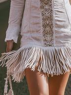 Vintage Western-style Lace-trim White Faux-suede Fringe Long-sleeve Mini Dress