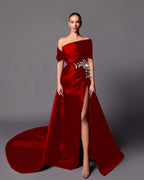 Satin Asymmetric Off-The-Shoulder Sleeveless Long Pleated Mermaid Prom Dress With Appliqués And Split YK0598