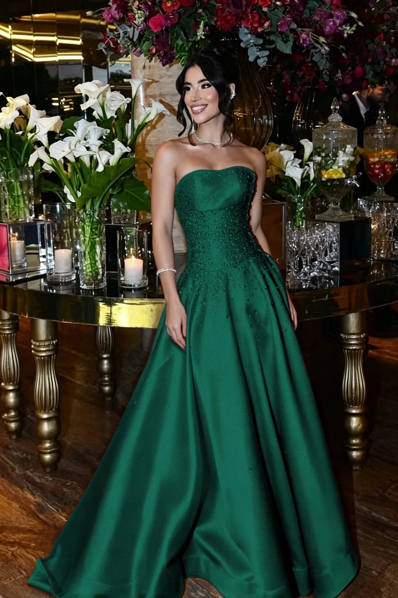 Cocoslly Strapless Sleeveless High Waist Long Prom Dress With Sequins | Royal Blue Satin LR0331