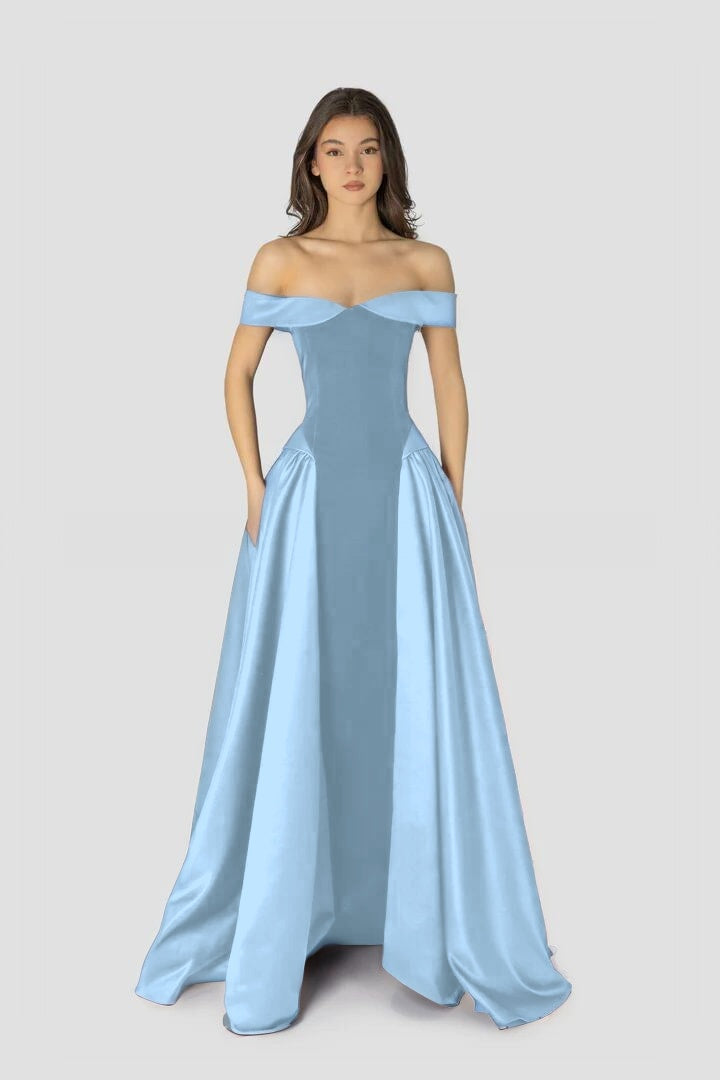Cocoslly Off-The-Shoulder Sleeveless High Waist Long A Line Prom Dress | Regency Satin LR0426