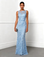 Light Blue Lace Jacquard Boat Neck Sleeveless Mermaid Floor-length Gown Dress