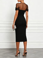 Black Split Joint Classic Sweetheart Neckline Short Sleeve Sheath Midi Dress