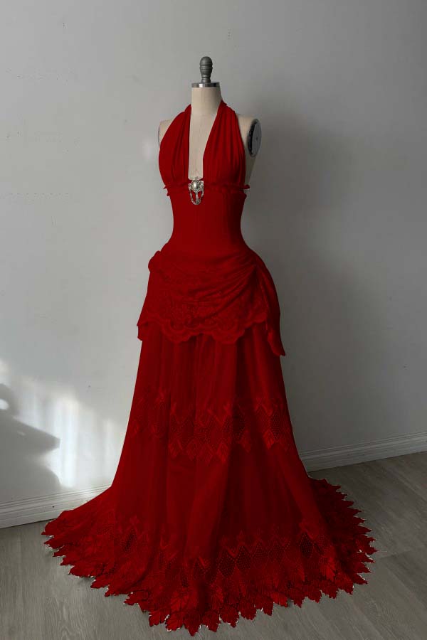 Lace And Tulle Halter Neck Strapless Sleeveless Long Mermaid Prom Dress With Pleated WQ0665