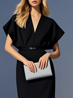 Black Slit Classic V Neck Short Sleeve Dolman Sleeve Sheath Midi Dress With Belt