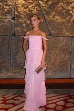 Cocoslly Off-The-Shoulder Sleeveless High Waist Long Prom Dress With Ruffles | Pink Chiffon XJ0683