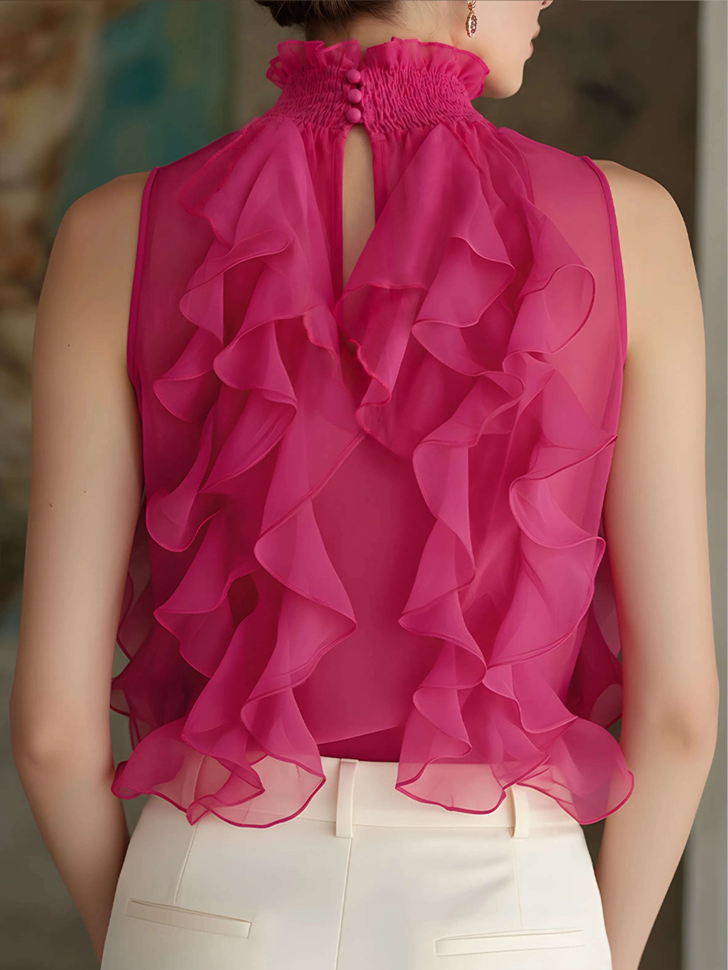 Ruffled High-Neck Sleeveless Chiffon Blouse