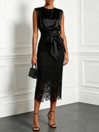 Women Champagne Lace Crew Neck Sleeveless Elegant Top With Skirt Two-Piece Set