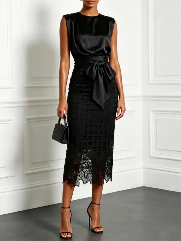 Women Champagne Lace Crew Neck Sleeveless Elegant Top With Skirt Two-Piece Set
