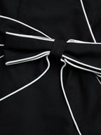 Black Piping Bow Classic V Neck Long Sleeve Sheath Midi Dress
