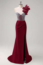 Satin V-Neck Strapless Sleeveless Long Pleated Mermaid Prom Dress With Rhinstone And High Split YK0320