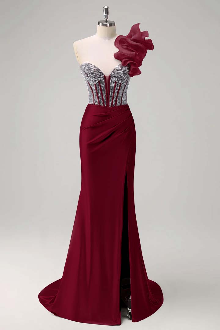 Satin V-Neck Strapless Sleeveless Long Pleated Mermaid Prom Dress With Rhinstone And High Split YK0320
