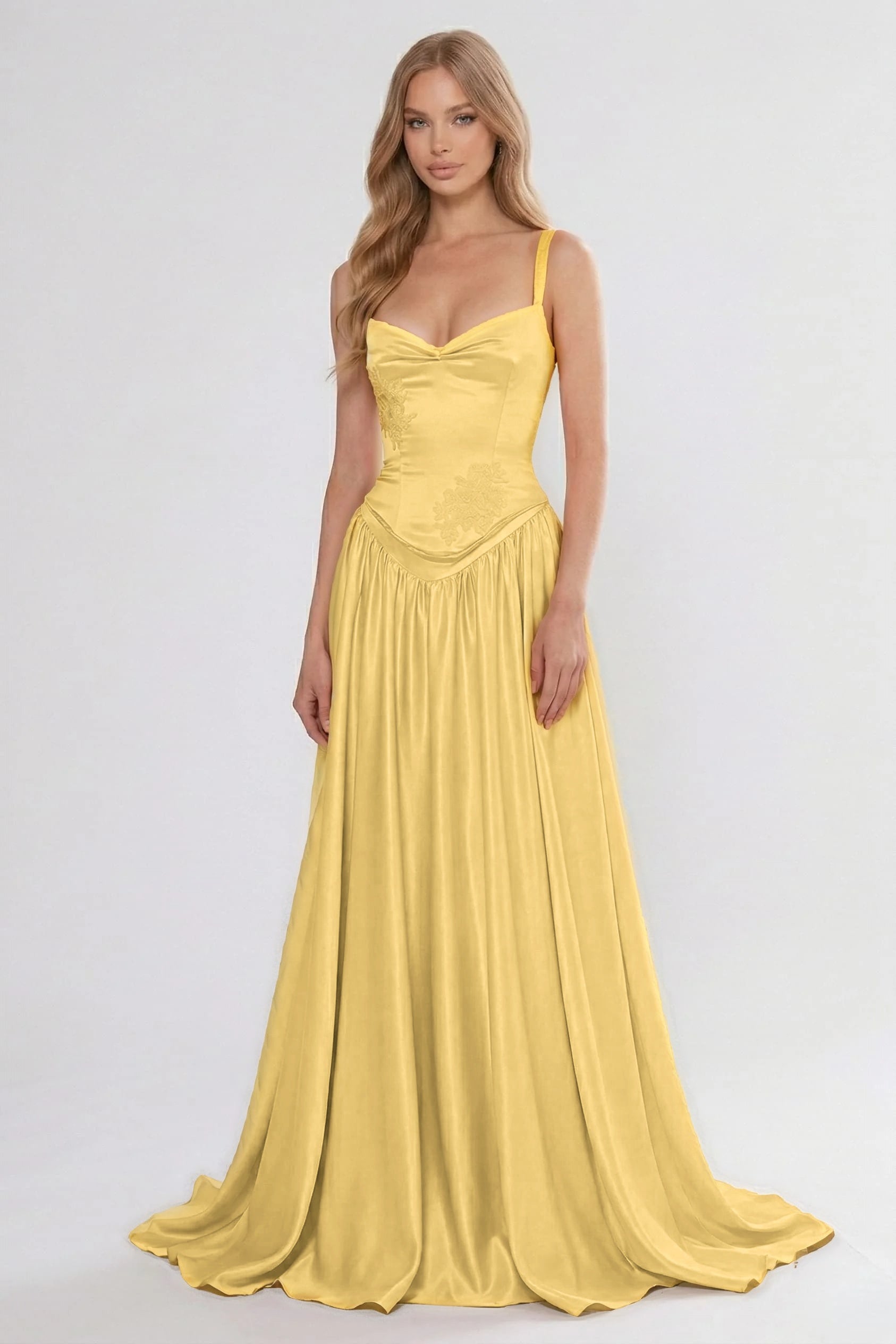 Cocoslly Spaghetti Straps Sleeveless High Waist Long Prom Dress With Appliques | Pink Satin