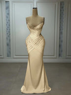 Satin V-Neck Spaghetti Straps Strapless Sleeveless Long Mermaid Prom Dress With Pleated And Beadings YK0743