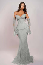 Cocoslly Strapless Sleeveless Long Mermaid Prom Dress With Embroidered And Gloves | Pink Satin And Lace ZA0398