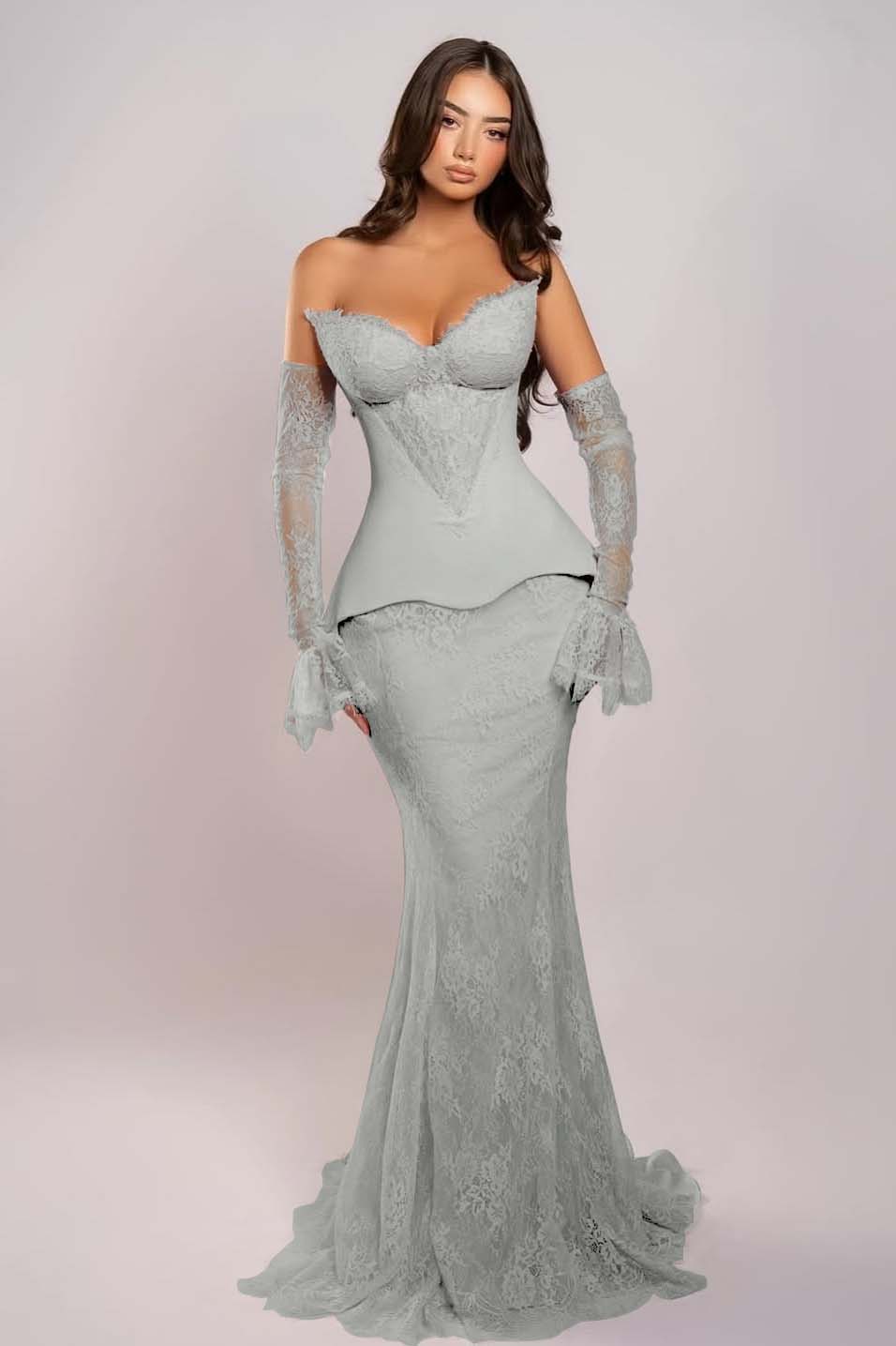 Cocoslly Strapless Sleeveless Long Mermaid Prom Dress With Embroidered And Gloves | Pink Satin And Lace ZA0398