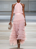 Pink Ruffle Tiered Chiffon Halter Neck Sleeveless A-Line Two-piece Set Top with Skirt