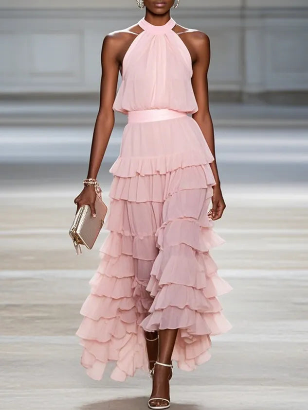 Pink Ruffle Tiered Chiffon Halter Neck Sleeveless A-Line Two-piece Set Top with Skirt