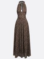 Brown Slit Classic Halter Sleeveless A-Line Maxi Dress